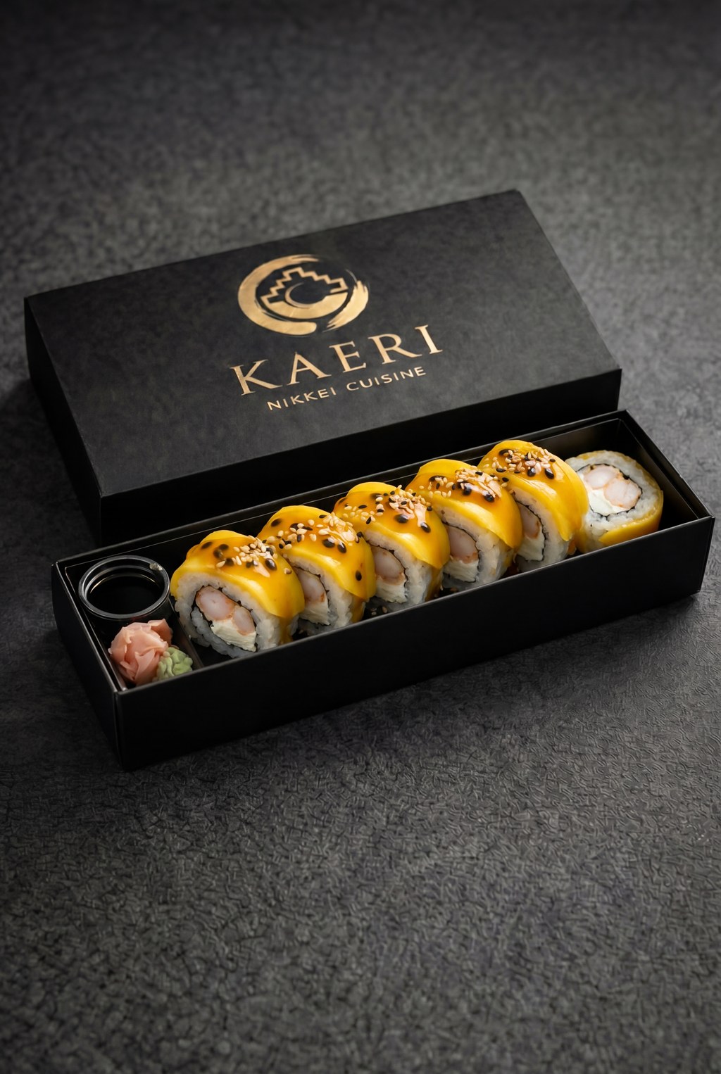 Maki Gold Roll en caja KAERI — catering nikkei en Lima