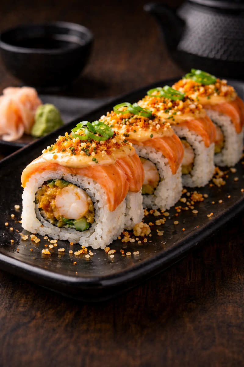 Maki Akari — Maki signature con langostino y salsa nikkei