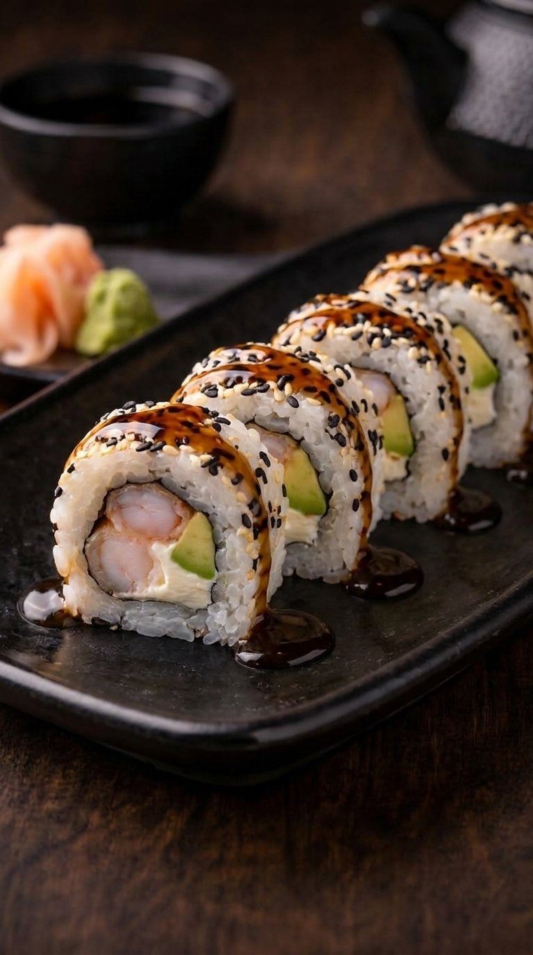 Maki California — Langostino, palta y queso crema con salsa tare