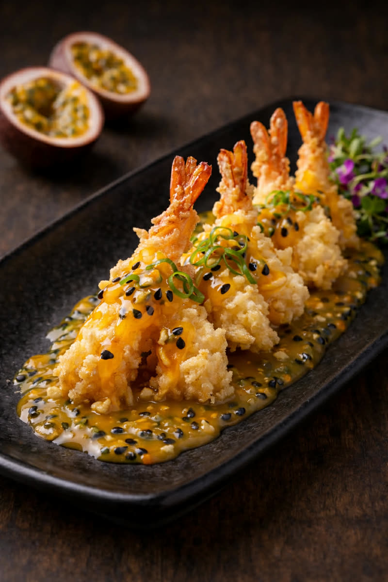 Gamba Tempura — Entrada nikkei con salsa maracuyá en Lima