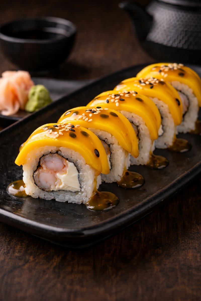 Maki Gold Roll — Langostino y queso cubierto de mango y maracuyá