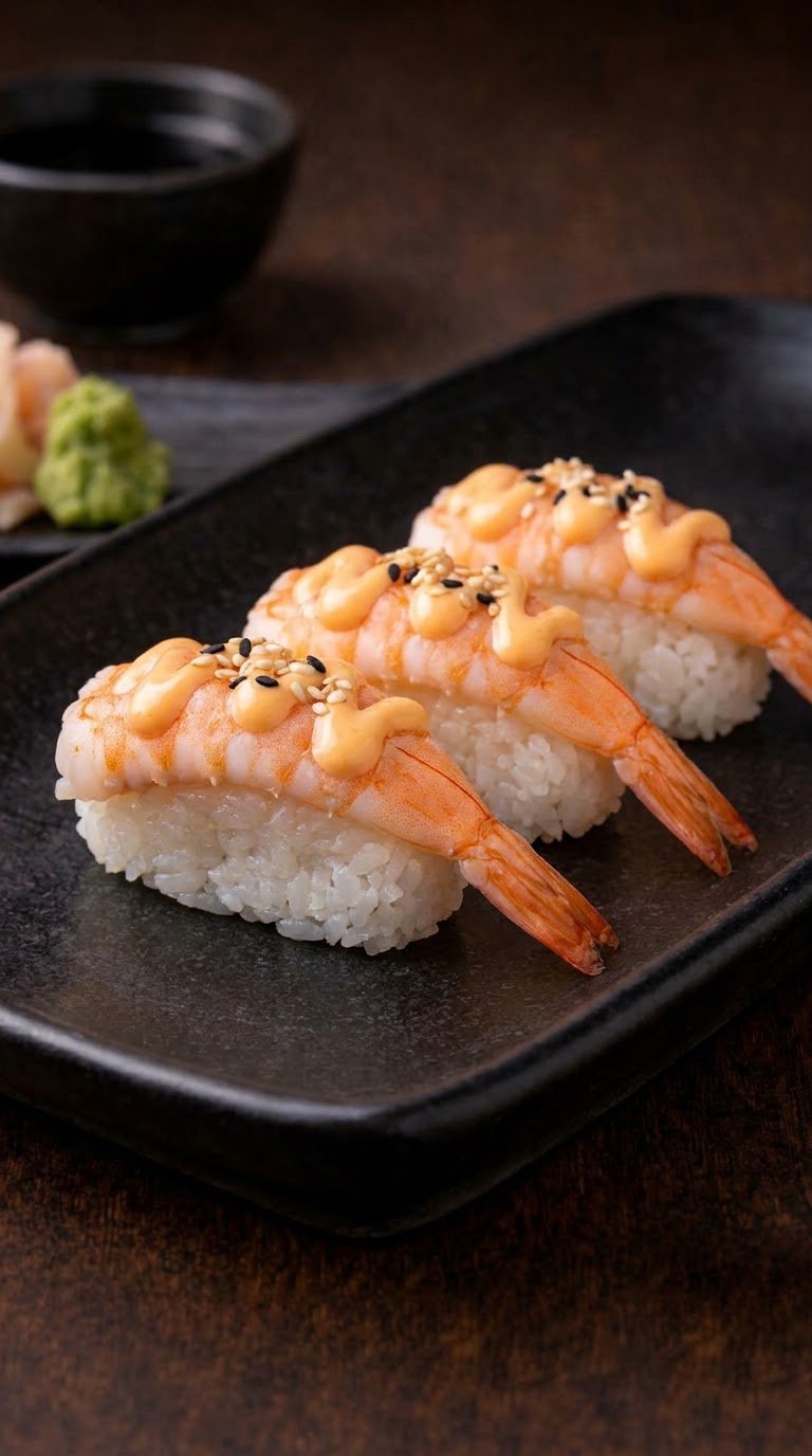 Nigiri Ebi — Langostino sobre arroz coronado con salsa spicy mayo