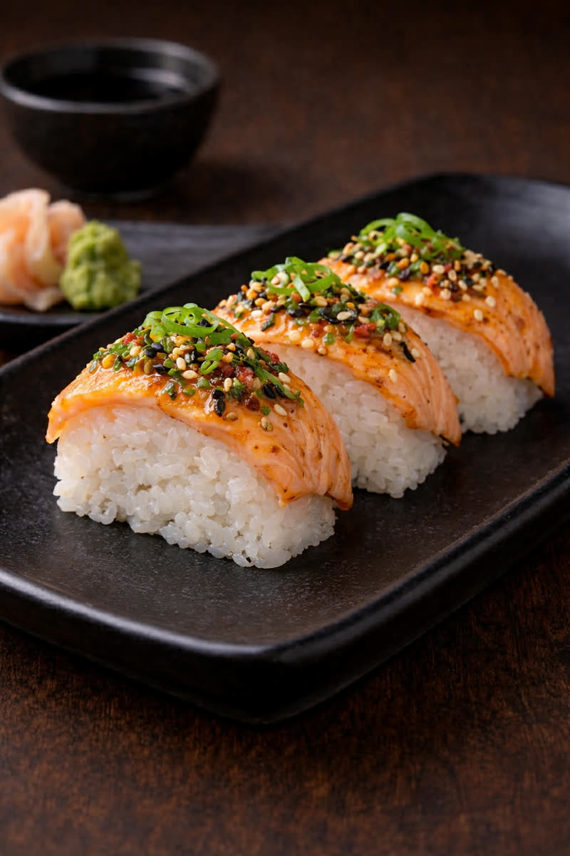 Nigiri Salmoneado — Salmón flameado con chimichurri
